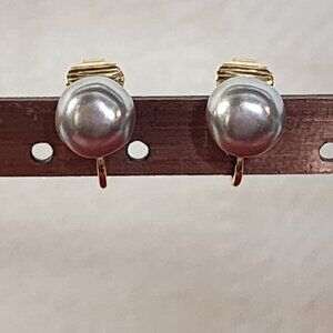 Avon Classic Baroque Grey Silver Faux Pearl Gold Accent Vintage Clip on Earrings